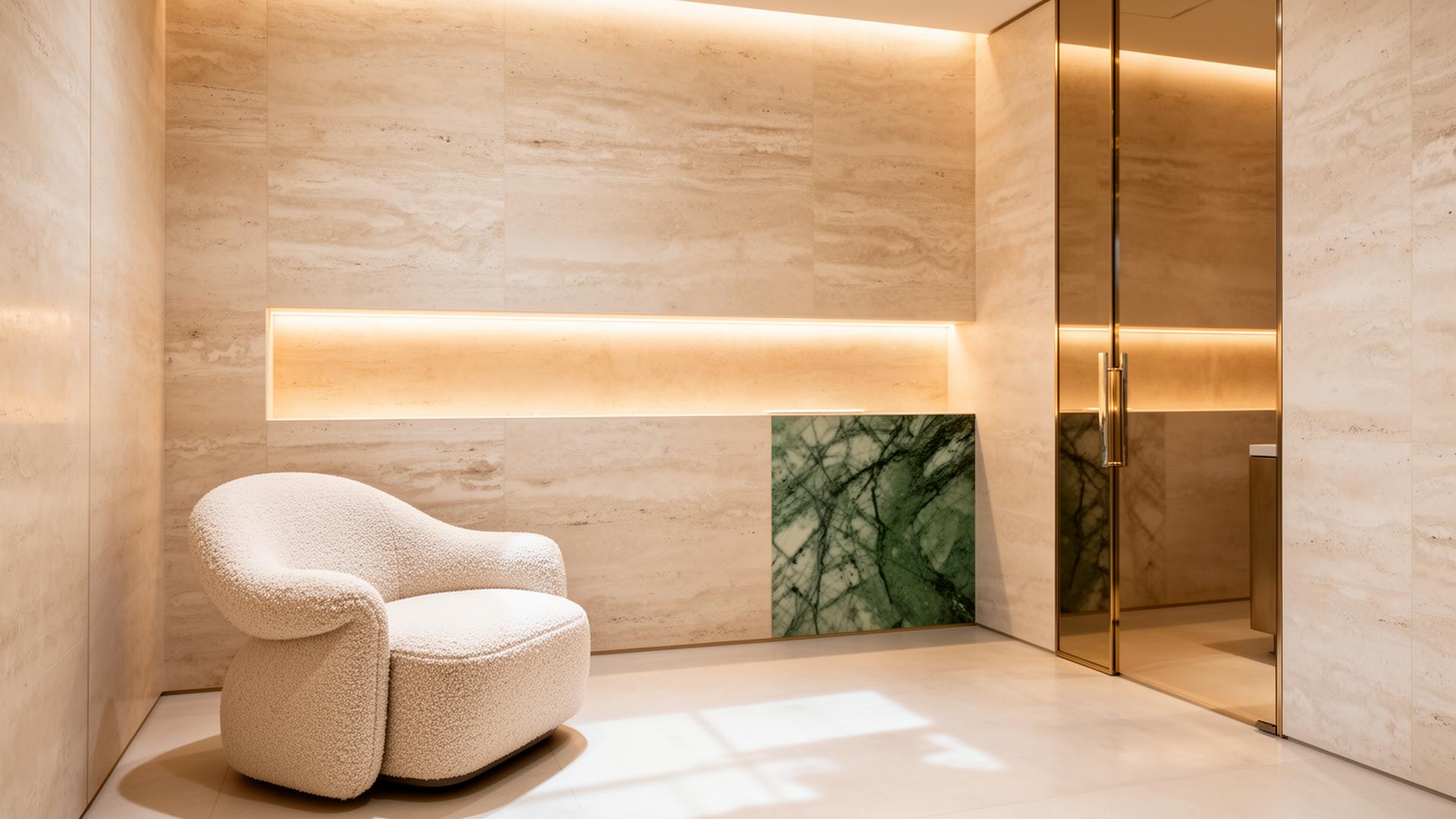The Dermal Haüs clinic interior — travertine, bouclé and green marble